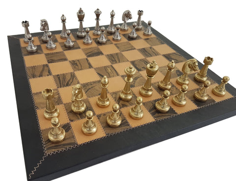 Italfama Metal Chess Set with Handmade Genuine Leather Board, 42cm