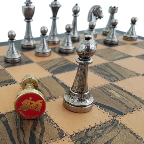 Italfama Metal Chess Set with Handmade Genuine Leather Board, 42cm