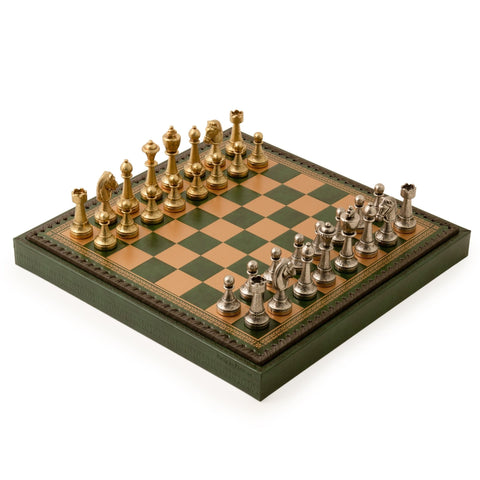 Italfama Metal Chess & Checkers Set with Green Leatherette Board 35cm