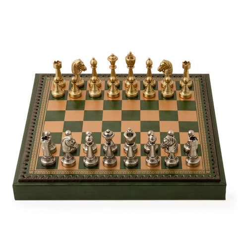 Italfama Metal Chess & Checkers Set with Green Leatherette Board 35cm