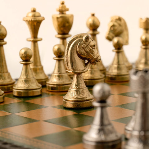 Italfama Metal Chess & Checkers Set with Green Leatherette Board 35cm