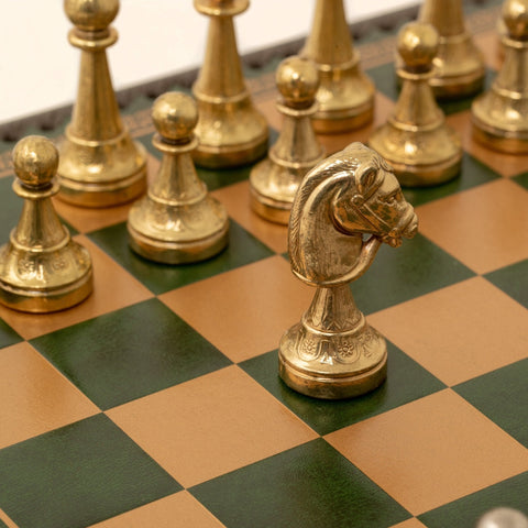 Italfama Metal Chess & Checkers Set with Green Leatherette Board 35cm