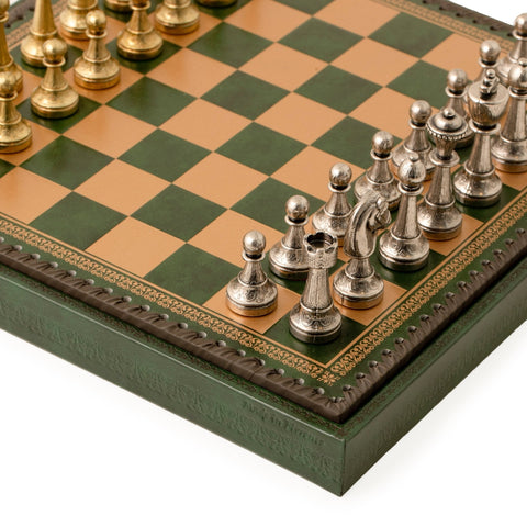 Italfama Metal Chess & Checkers Set with Green Leatherette Board 35cm