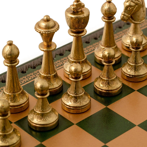 Italfama Metal Chess & Checkers Set with Green Leatherette Board 35cm