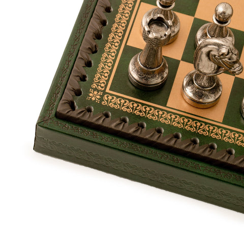 Italfama Metal Chess & Checkers Set with Green Leatherette Board 35cm