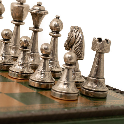 Italfama Metal Chess & Checkers Set with Green Leatherette Board 35cm