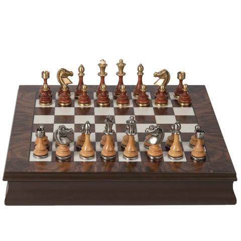 Italfama Luxury Brass & Wood Chess Set with Walnut Maple Board 40x40cm