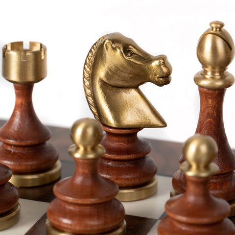Italfama Luxury Brass & Wood Chess Set with Walnut Maple Board 40x40cm