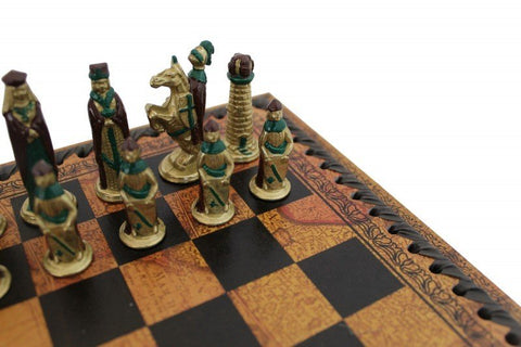 Italfama Hand-Painted Metal Medieval Chess Set with Faux Leather Board, Italy