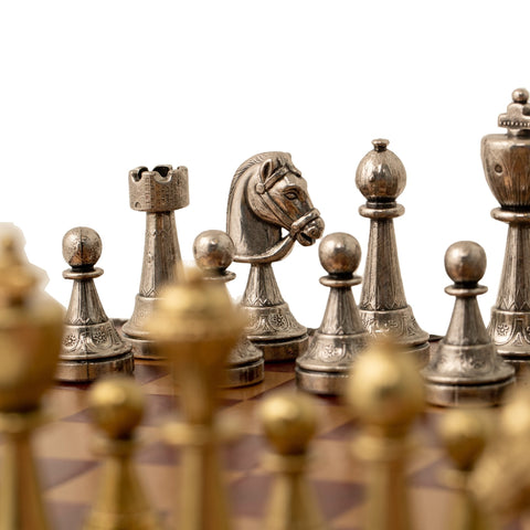 Italfama Metal Chess Set with Leather Board, Checkers & Backgammon, Italy