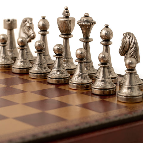 Italfama Metal Chess Set with Leather Board, Checkers & Backgammon, Italy