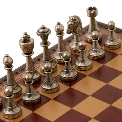Italfama Metal Chess Set with Leather Board, Checkers & Backgammon, Italy
