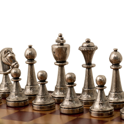 Italfama Metal Chess Set with Leather Board, Checkers & Backgammon, Italy