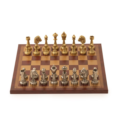 Italfama Metal Chess Set Gold Silver Pieces with Gold Burgundy Leather Board