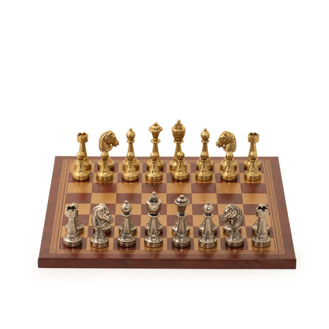Italfama Metal Chess Set Gold Silver Pieces with Gold Burgundy Leather Board