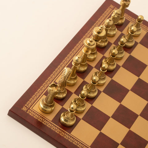 Italfama Metal Chess Set Gold Silver Pieces with Gold Burgundy Leather Board