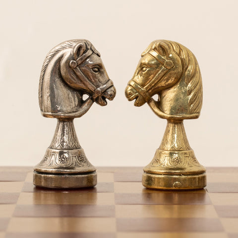 Italfama Metal Chess Set Gold Silver Pieces with Gold Burgundy Leather Board