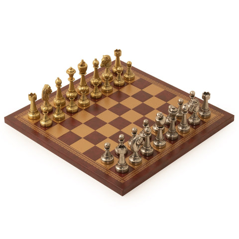 Italfama Metal Chess Set Gold Silver Pieces with Gold Burgundy Leather Board