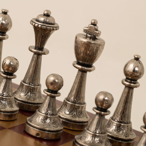 Italfama Metal Chess Set Gold Silver Pieces with Gold Burgundy Leather Board