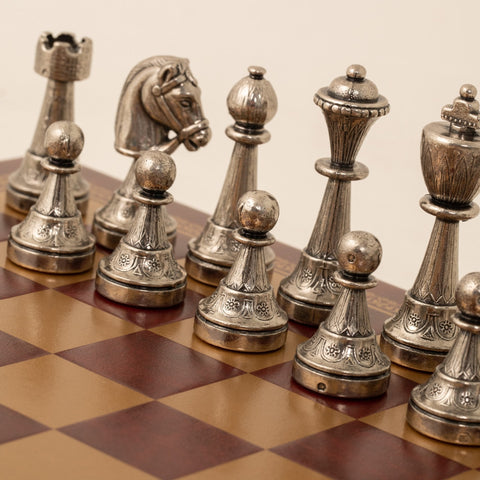 Italfama Metal Chess Set Gold Silver Pieces with Gold Burgundy Leather Board