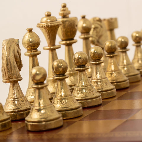 Italfama Metal Chess Set Gold Silver Pieces with Gold Burgundy Leather Board