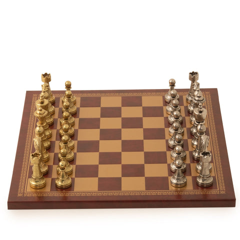 Italfama Metal Chess Set Gold Silver Pieces with Gold Burgundy Leather Board