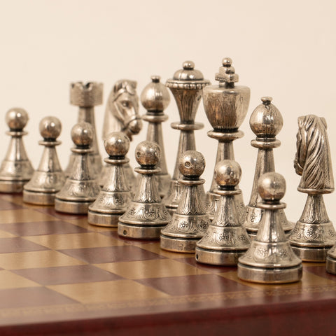 Italfama Metal Chess Set Gold Silver Pieces with Gold Burgundy Leather Board