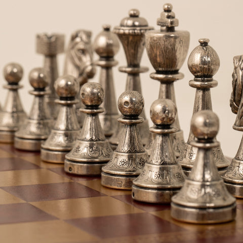Italfama Metal Chess Set Gold Silver Pieces with Gold Burgundy Leather Board