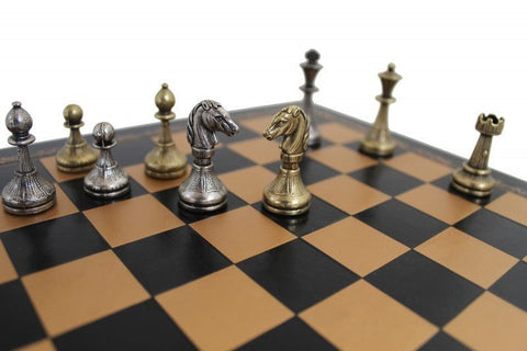 Italfama Metal Chess Set Gold Black Faux Leather Board Made in Italy