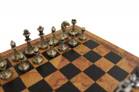 Italfama Metal Chess Set with Faux Leather Antique World Map Board, Italy