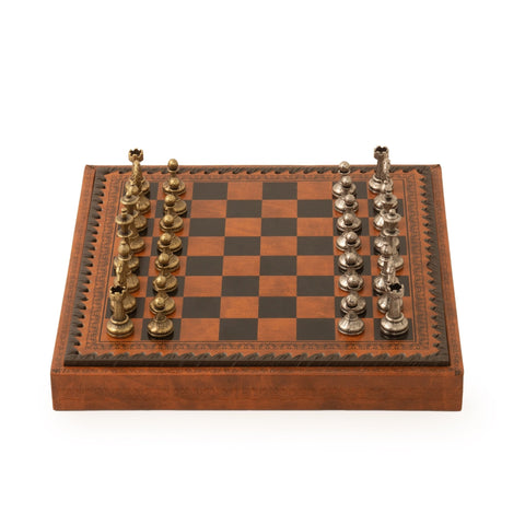 Italfama Metal Chess Set, Faux Leather Board w/ Storage, Handcrafted, Italy