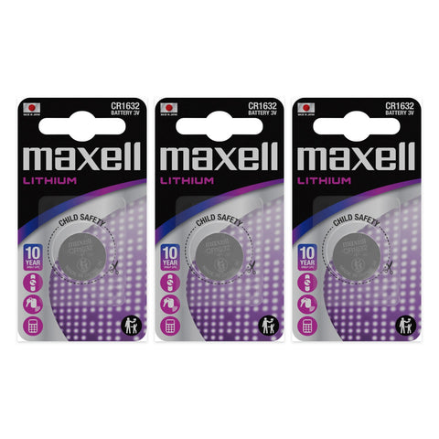 3x Maxell CR1632 3V Lithium Coin Cell Batteries