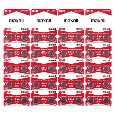 40x Maxell LR44 A76 AG13 1.5V alkaline button cell batteries, 4 blister strips