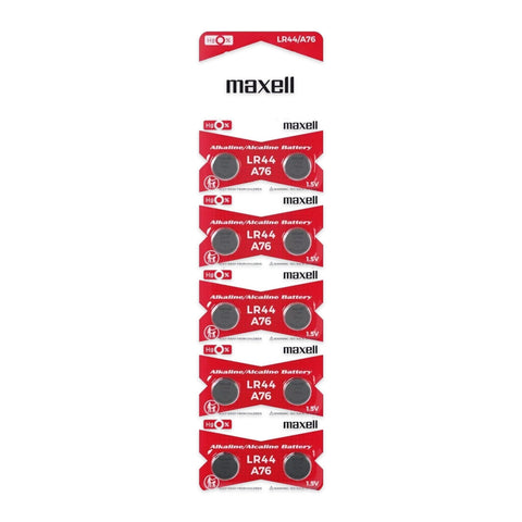 Maxell LR44 A76 alkaline button cell battery 10-pack blister strip