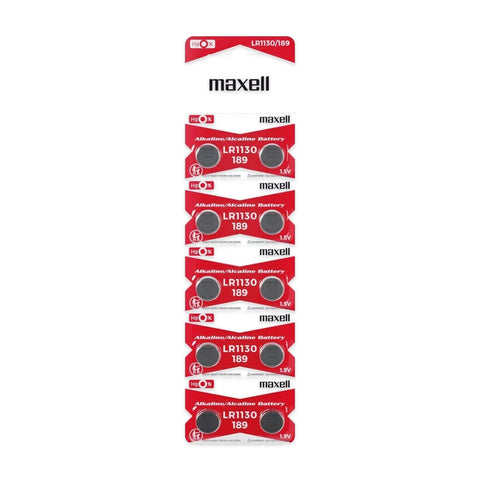 Maxell LR1130 AG10 189 alkaline button cells 10-pack strip