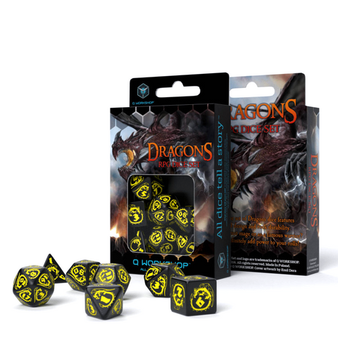 Q-Workshop Dragon RPG Dice Set Black Yellow 7pc Polyhedral DnD