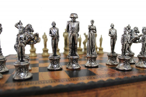 Italfama Napoleon Metal Chess Set with Faux Leather Board & Backgammon