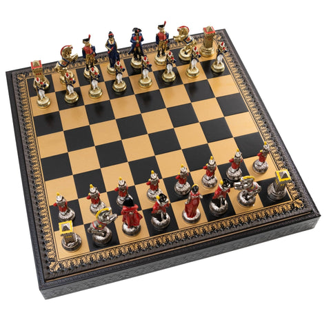 Italfama Napoleon Metal Chess Set w/ Leather Board, Checkers & Backgammon