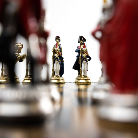 Italfama Napoleon Metal Chess Set w/ Leather Board, Checkers & Backgammon