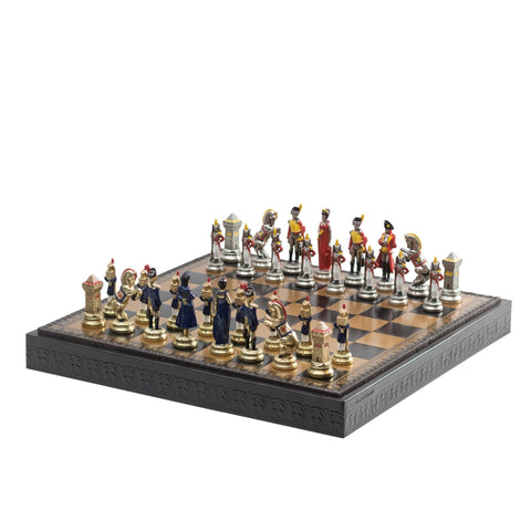 Italfama Napoleon Metal Chess Set w/ Leather Board, Checkers & Backgammon