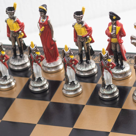 Italfama Napoleon Metal Chess Set w/ Leather Board, Checkers & Backgammon