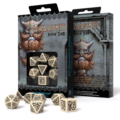Q-Workshop Dwarven Beige & Black 7-Die RPG Dice Set for Tabletop Games