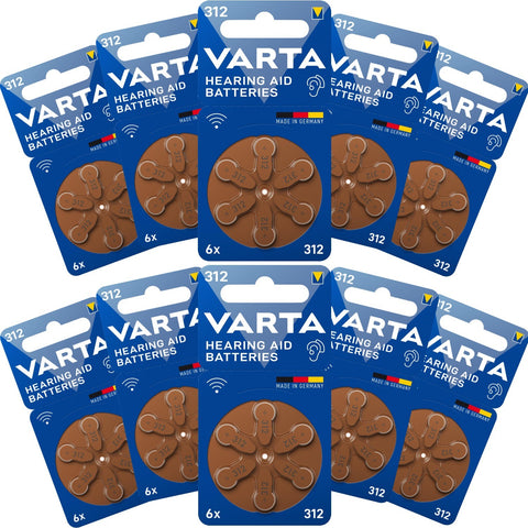60x Varta 312 PR41 Zinc Air Hearing Aid Batteries 1.45V Mercury Free