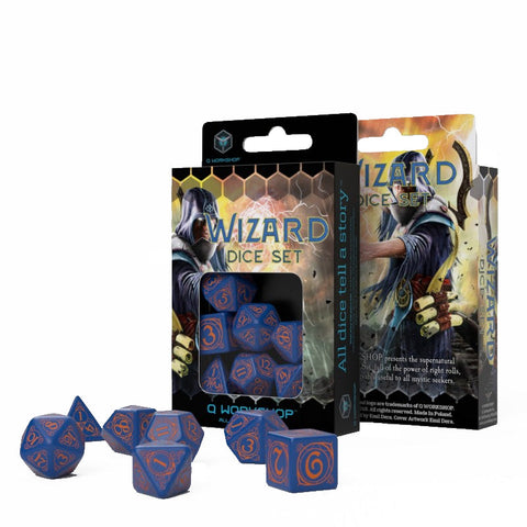 Q-Workshop Wizard 7-Die Navy Blue Orange RPG Polyhedral Dice Set DnD