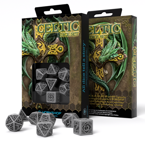 Q-Workshop Celtic 3D Dice Set Gray Black 7pc RPG Polyhedral NEW