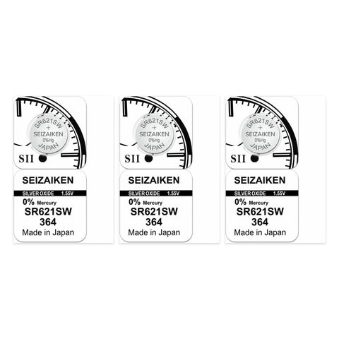 3x Seiko Seizaiken 364 SR621SW silver oxide watch batteries