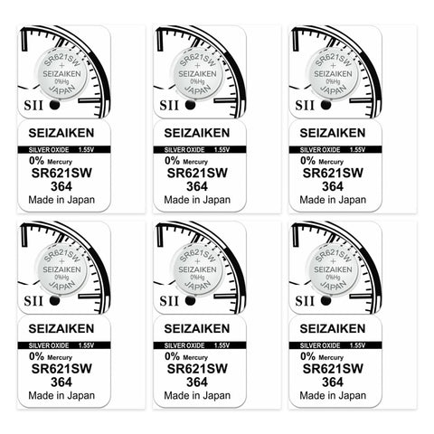 6x Seiko Seizaiken 364 SR621SW silver oxide watch batteries
