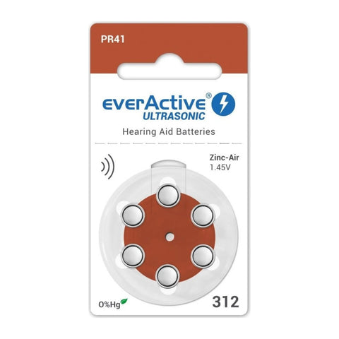 everActive Ultrasonic 312 PR41 hearing aid batteries card of 6