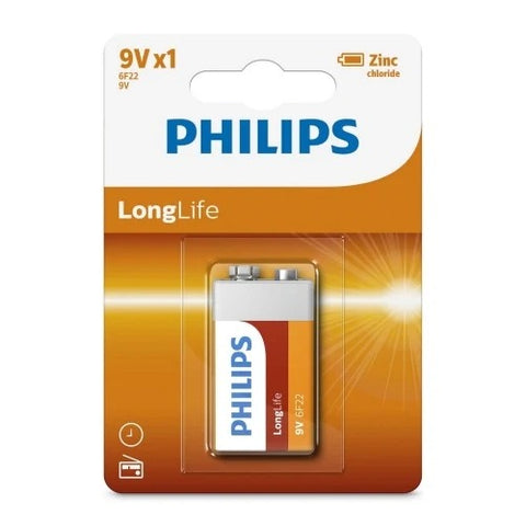 Philips LongLife 9V Battery 6F22 Zinc Chloride 1604D M9VSHD