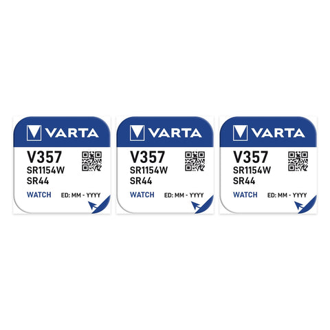 3x Varta V357 SR44SW silver oxide watch batteries